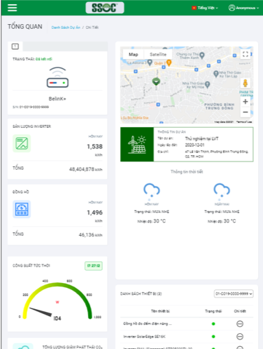 Một giao diện màn hình demo công nghệ giám sát và vận hành hệ thống năng lượng mặt trời. Ảnh: SolarBK
